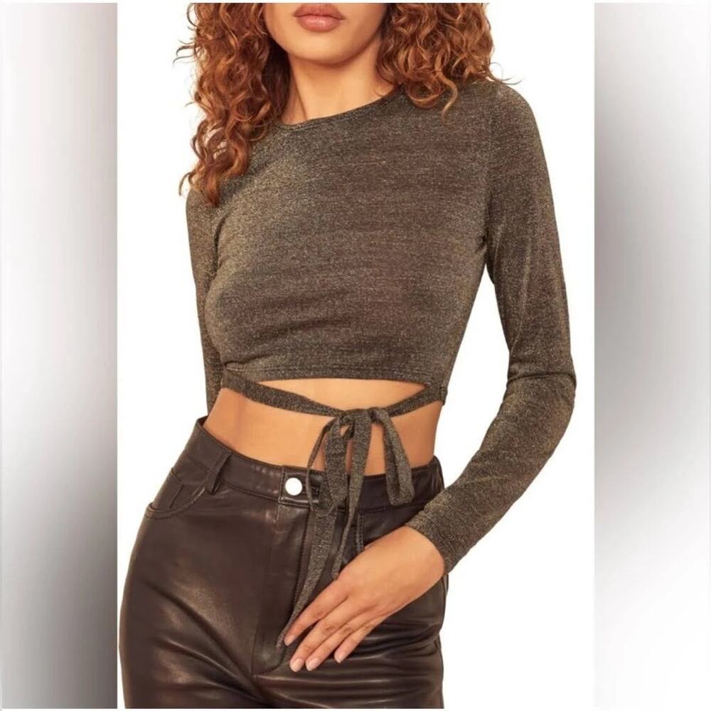 NEW Reformation Jupiter Gold Metallic Long Sleeve Top Front Tie Women's XL